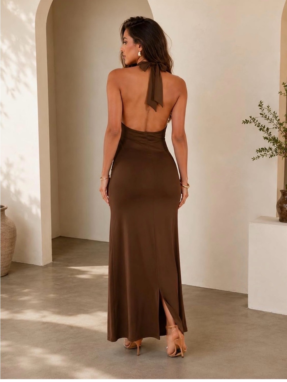 Backless Halter Maxi Dress in Chocolate Brown cowl neck